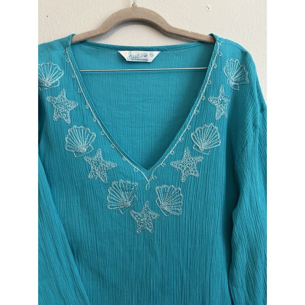 Sea Shells Embroidered coverup tunic V Neck Sea Teal Green Casual Beach Boho XL